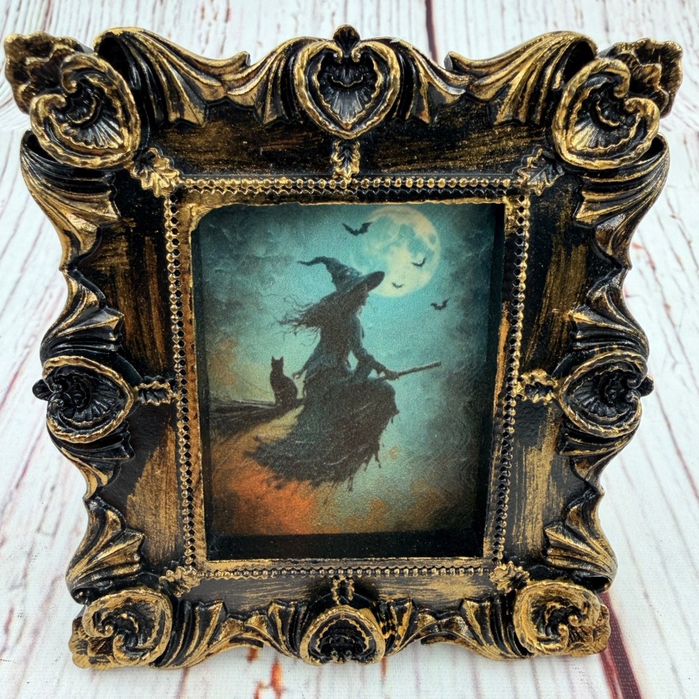 Handmade Witch Decoupage Art Ornate Gold Black Resin Frame Mini Halloween Decor